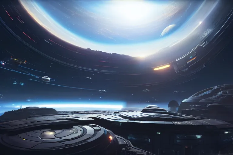 Image similar to exterior shot of a space base with a huge windows in orbit of a planet, you can see the planet below clearly, the planet is warm with canyons, sharp focus, concept art, very detailed, very realistic, trending on artstation, in the style of star citizen, star wars, overwatch, elite dangerous, beautifull, sci fi,