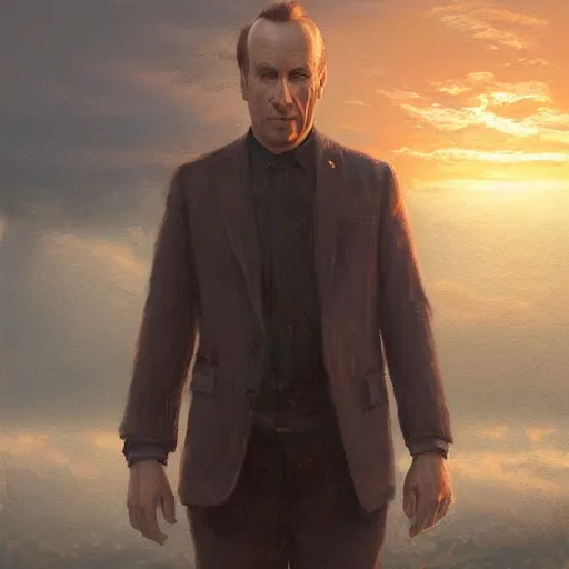 Image similar to portrait of bob odenkirk, sunset, gorgeous view, depth, painted by seb mckinnon, high detail, digital art, painted by greg rutkowski, trending on artstation