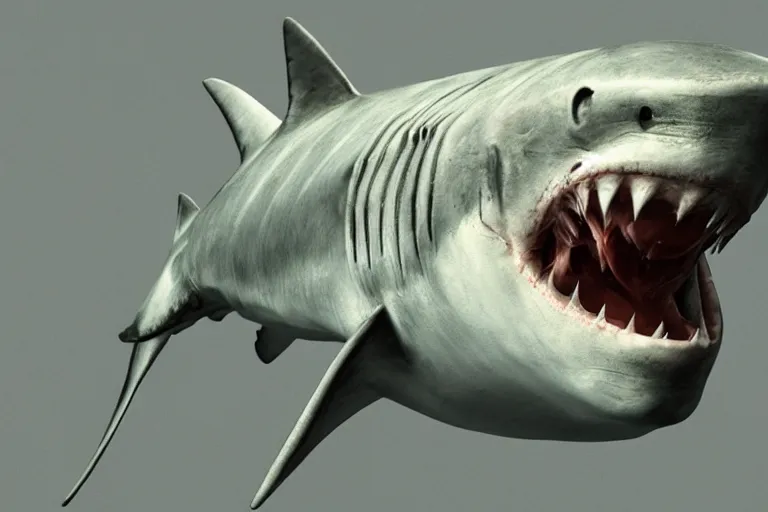 Image similar to a humanized shark made of muscles and flesh, very angry, teeth, ambient light, terror, glows, realistic, photo-realism, hyper realism, picture, detailed, 3D render, scary, distant shot, in the distance,