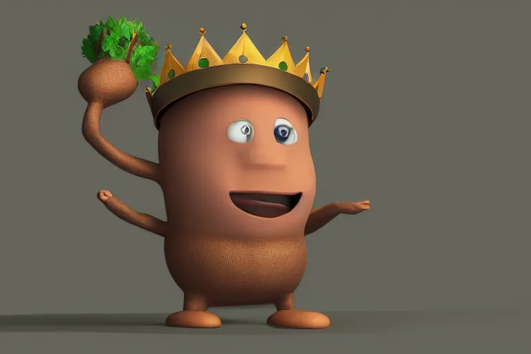 Image similar to the potato king which is a potato appears before the large crowd of his subjects in all his glory wearing his crown, concept art, blender, glossy googly eyes, realistic dirt, realistic potatoes.