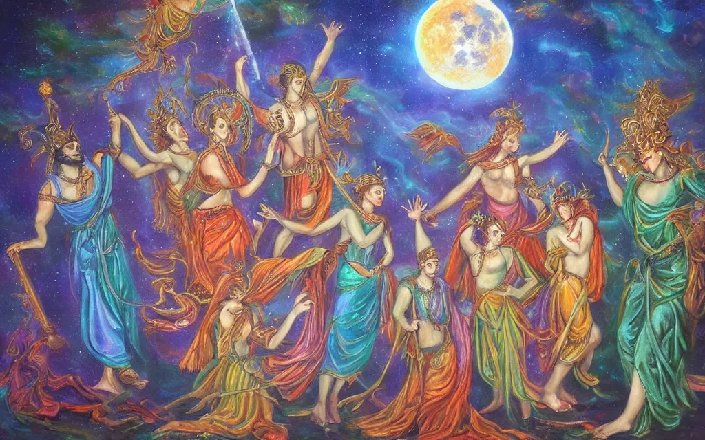 Prompt: the gods of the lunar mythos five classical lunar deities, award winning oil painting, iridescent colors