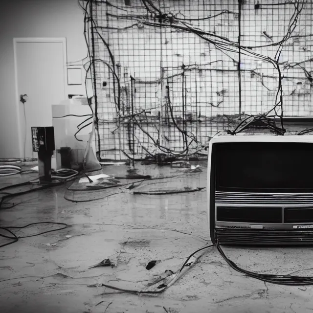 Prompt: an old TV in the middle of a clean laboratory room, Television on, static in TV, TV with a strange object inside, centered focus, wires and rebar hanging from the TV, bleak lighting, obscure, low quality video, high detail photography, vhs footage