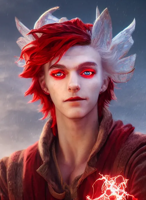 Prompt: An epic fantasy comic book style portrait painting of a young fairy boy with red wings, pointy red hair, white glowing eyes, smiling, red long hair red coat. Unreal 5, DAZ, hyperrealistic, octane render, cosplay, RPG portrait, dynamic lighting