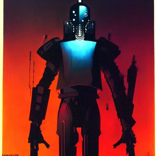 Image similar to cyberpunk knight, by jack gaughan, wide angled view, epic pose, pulp, sci - fi, atmospheric lighting, painted, intricate, ultra detailed