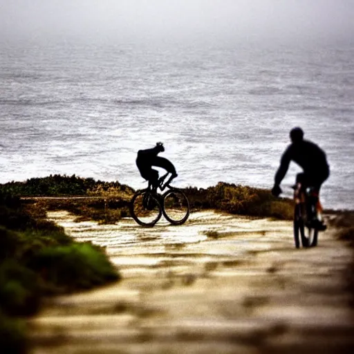 Prompt: a scene from a fever dream!! In 1st person!! Bicycling on a rocky path entering the scary murky ocean!! Fog! Ultra realistic! 25mm f/1.7 ASPH Lens!
