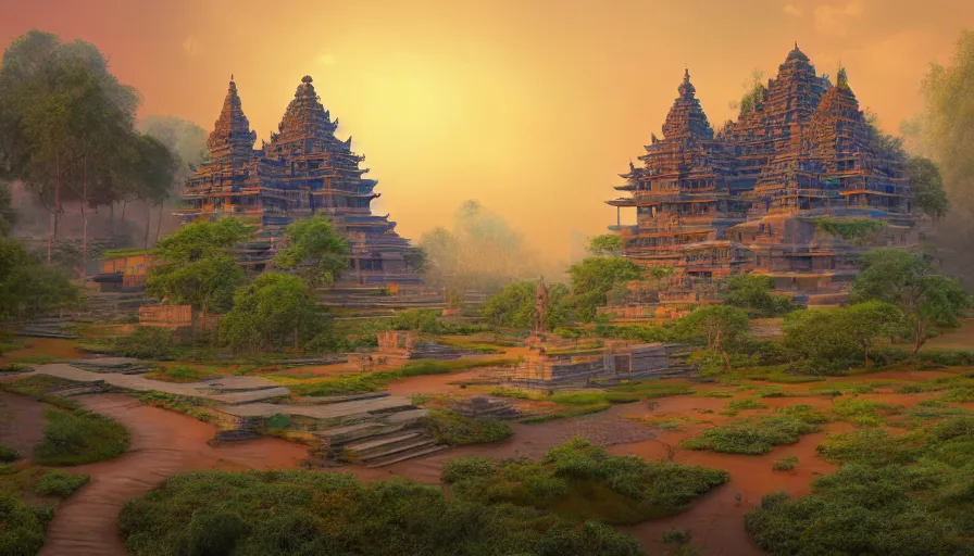 Image similar to matte painting of a beautiful mon - dvaravati village and buddhist temple, inspired by indian arts - amaravati, gupta, after gupta, and pala, digital art, trending on artstation