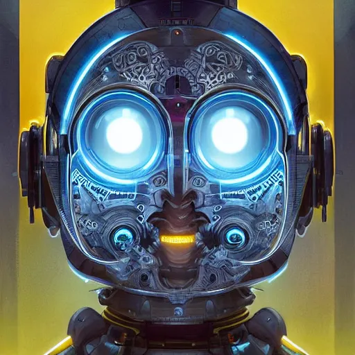 Image similar to symmetrical portrait of a robot with big eyes, grinning, sci - fi, tech wear, blue and yellow glowing lights, intricate, elegant, highly detailed, digital painting, artstation, smooth, sharp focus, illustration, art by artgerm and greg rutkowski and alphonse mucha