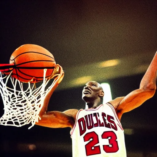 Image similar to film still of a llama in a jersey dunking a basketball like michael jordan, low angle, show from below, tilted frame, 3 5 °, dutch angle, extreme long shot, high detail, indoors, dramatic backlighting.