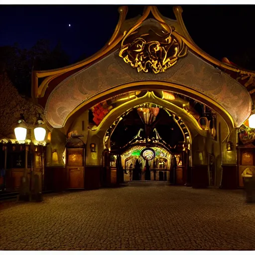 Prompt: Efteling entrance by night, dark, mysterious street photography