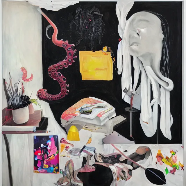 Image similar to a portrait in a female artist's zen bedroom, black walls, a tall girl sleeping, pancakes, sheet music, electric guitar, surgical supplies, ikebana, sensual, octopus, neo - expressionism, surrealism, acrylic and spray paint and oilstick on canvas