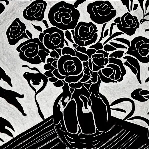 Prompt: black roses in a vase on a table with an ornate patterned tablecloth, in the style of audrey kawasaki, photorealistic, painted by wassily kandinsky and hr giger and georgia okeeffe, moody lighting, black and white illustration