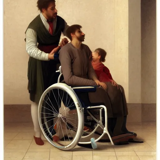 Prompt: a male patient in a wheelchair in the hospital with his wife and son standing by. happy, cheerful, intricate, sharp focus, artstation, cinematic, 8 k, by william adolphe bouguereau