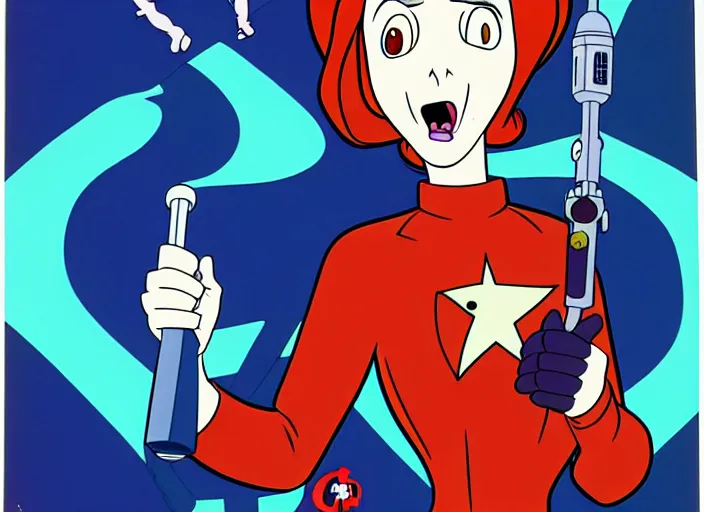 Image similar to dana scully on the real ghostbusters, shaded animation cel, anime, sharp detail, animation cel, thin linework, in the style of don bluth, bruce timm, stephen silver, studio trigger, 5 k, hd