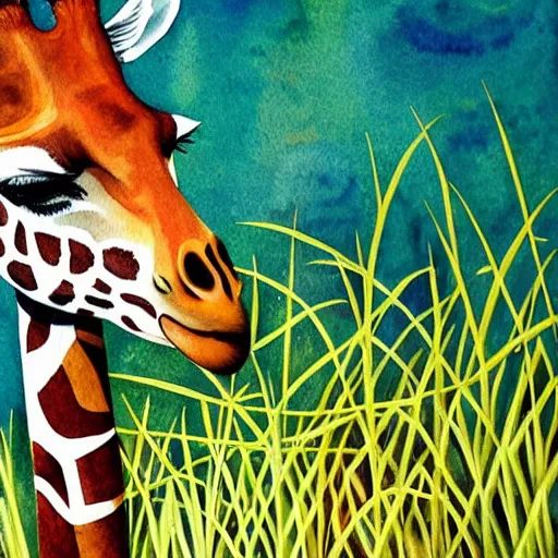 Prompt: aquarell painting of a giraffe surrounded by tall grass and foliage, white background, beautiful composition