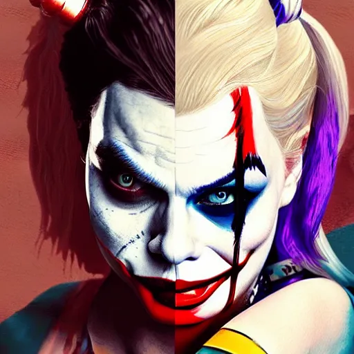 Image similar to Margot Robbie as Harley Quinn kissing the joker, highly detailed, digital painting, artstation, concept art, smooth, sharp focus, illustration, art by yoji shinakawa