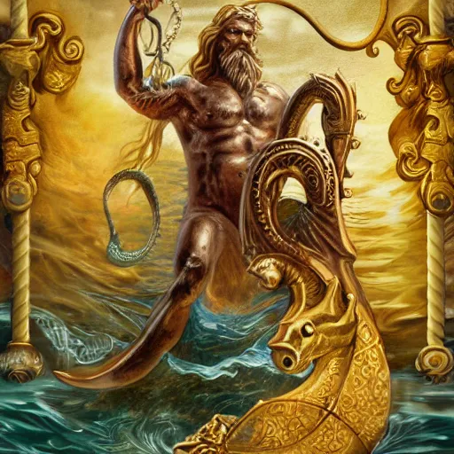 Prompt: poseidon on seahorses, tarot card, ornate, ultradetailed, digital art, irina french, heraldo ortega, mandy jurgens, golden ratio, art canvas, award winning, masterpiece trending on artstation 8 k 1 5 0 mpx