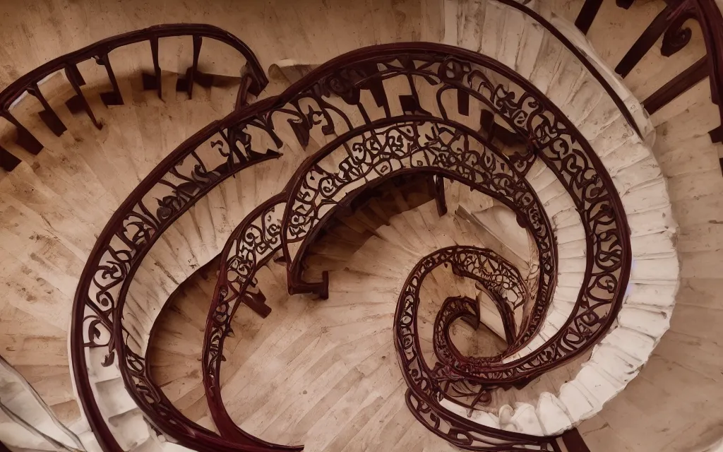 Image similar to 3d rendering of looking directly down a spiral staircase from above with maroon carpet and a wooden handrail, hd, hdr, cinematic 8k, ultra detailed, high resolution