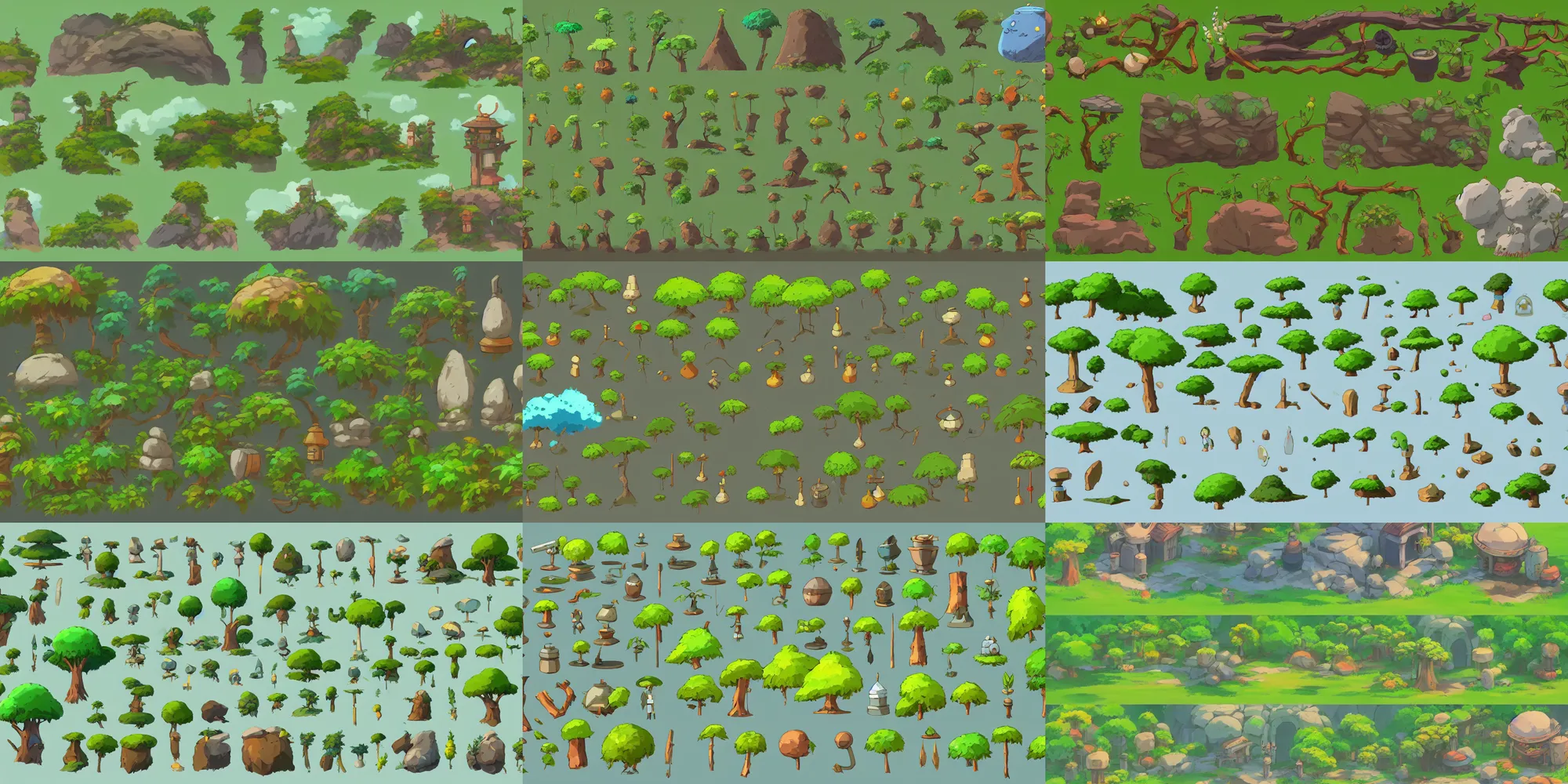 Prompt: game asset of plant and tree, in the style of studio ghibli, props, stylized, 2 d sprites, arcane, overwatch, complementary opposite color color scheme, 8 k, close up