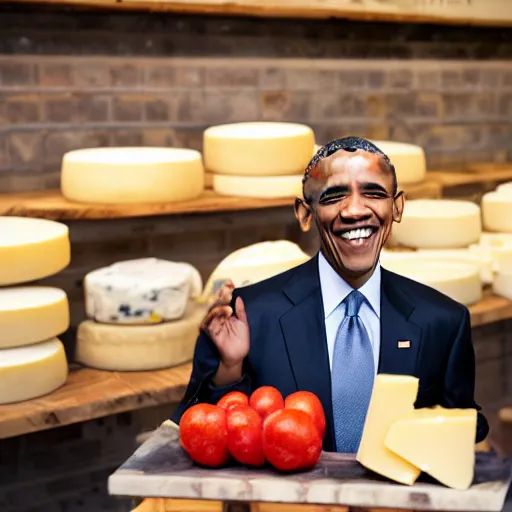 Prompt: Obama smiling and selling you very expensive cheese, 40nm lens, shallow depth of field, split lighting