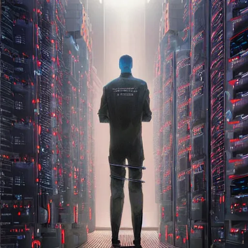 Prompt: professional painting of tiny people praying to monumental conscious supercomputer with huge - cybernetic - face!!!! in the center of endless colossal server room, trending on artstation, cyberpunk, sci - fi, futuristic, by greg rutkowski and maciej kuciara, high quality