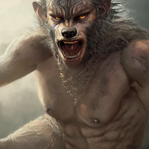 Image similar to Portrait of a rugged werewolf, male, muscular, detailed face, bare thighs!!!, tribal clothing!!!!!, fantasy, medieval, highly detailed, cinematic lighting, digital art painting by greg rutkowski