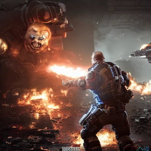 Prompt: Donald Trump in Gears of War, splash art, movie still, cinematic lighting, dramatic, octane render, long lens, shallow depth of field, bokeh, anamorphic lens flare, 8k, hyper detailed, 35mm film grain