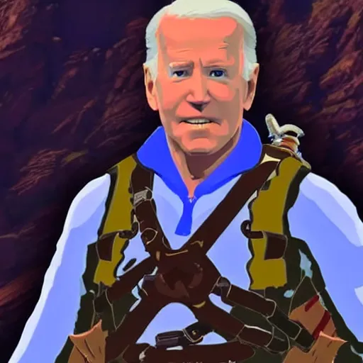 Image similar to screen shot of joe biden starring in zelda:breath of the wild ( video game )