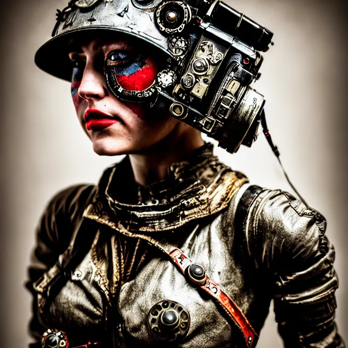 Prompt: photograph of a real - life very beautiful atompunk warrior. extremely detailed. dslr. 8 5 mm.