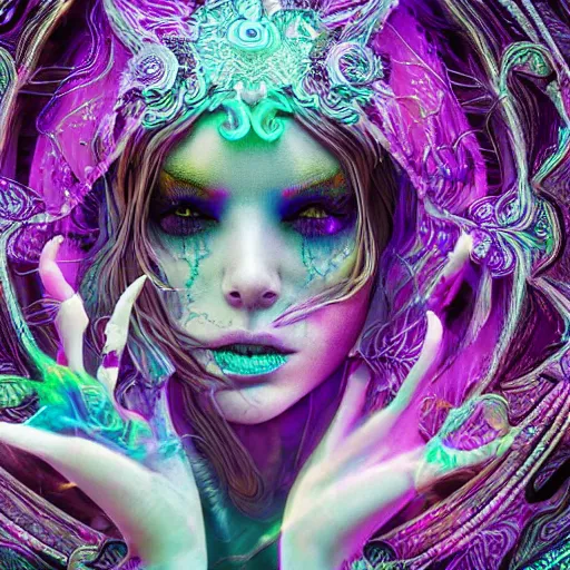 Image similar to psychadelic witch, hyper detailed, flowing psychadelic background intricate and detailed, ornate 8 k gorgeous intricate detailed, octane render