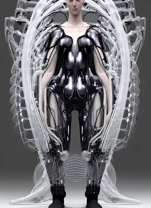 Image similar to iris van herpen gothic inflateble dark dress, perfect symmetrical body, helmet on face, full body shot, inflateble shapes, wires, tubes, veins, jellyfish, white biomechanical details, wearing epic bionic cyborg implants, masterpiece, intricate, biopunk, vogue, highly detailed, artstation, concept art, cyberpunk, octane render