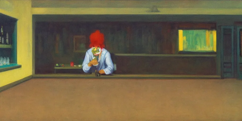 Image similar to a miserable clown, drinking a smoothie in an empty bar, oil painting by edward hopper