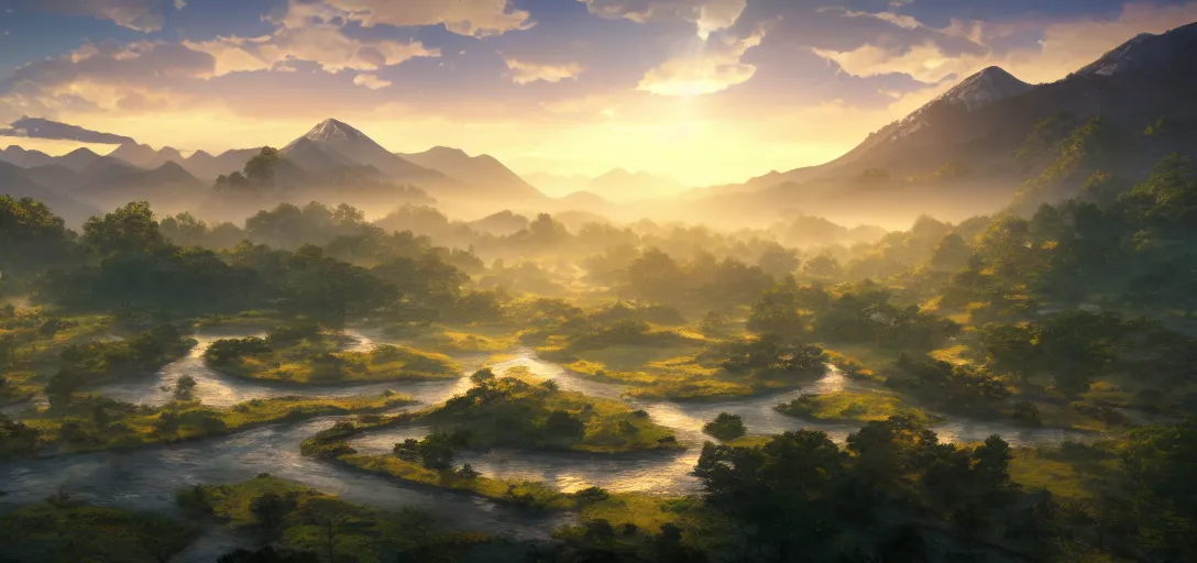 Image similar to epic view of beautiful ancient japanese valley at sunset, clear skies, winding rivers, there are hills in the far background distance, unreal engine, dramatic lighting, detailed, ambient occlusion, global illumination, god rays, 3 d artstation render by greg rutowski and jessica rossier