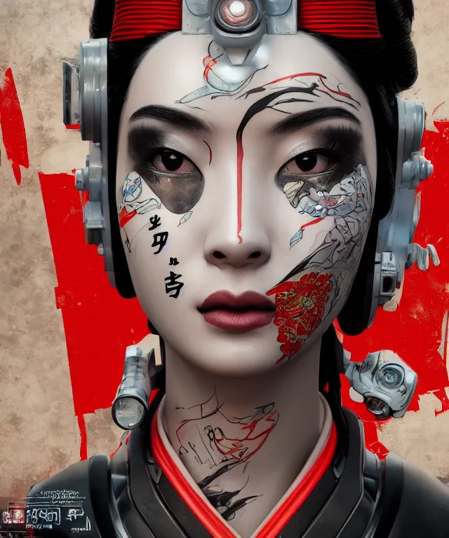 Image similar to an epic fantastic realism comic book style portrait painting of a japanese robotic geisha with kanji tattoos and decals, apex legends, octane render, intricate detail, 4 k hd, unreal engine 5