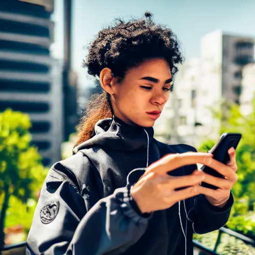 Image similar to candid photographic portrait of a poor techwear mixed young woman using a phone inside a dystopian city, closeup, beautiful garden terraces in the background, sigma 85mm f/1.4, 4k, depth of field, high resolution, 4k, 8k, hd, full color