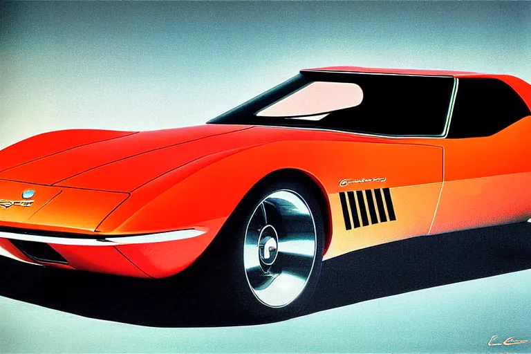 Prompt: designed by giorgetto giugiaro stylized poster of a single 1 9 6 9 corvette concept, thick neon lights, ektachrome photograph, volumetric lighting, f 8 aperture, cinematic eastman 5 3 8 4 film