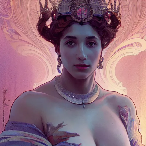 Image similar to a Portrait of A queen whose body is transparent and whose body radiates holy light by greg rutkowski and alphonse mucha,In style of digital art illustration.hyper detailed,smooth, sharp focus,trending on artstation,4k