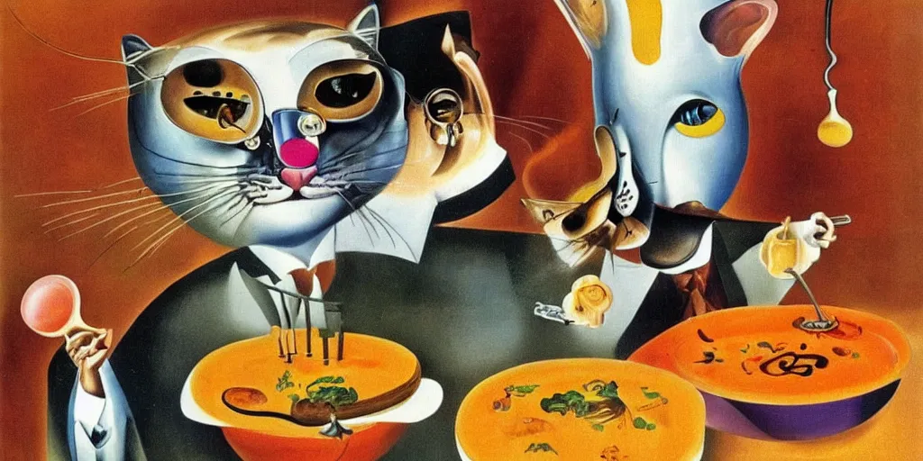 Image similar to anthropomorphic cat chef cooking a delicious colorful soup, by Salvador Dali