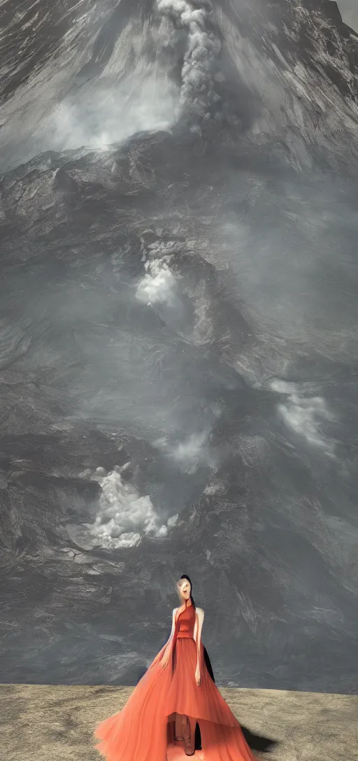 Prompt: a beautiful hyperrealistic ultradetailed 3D render girl in a magnificent dress stands near a volcano, voge photo, fashion style, Annie Leibovitz photostyle, octane render, 3D, brilliantly colored, intricate, wide angle, volumetric lighting, polished, path tracing