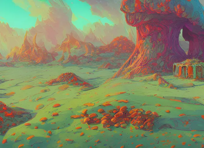 Prompt: psychedelic concept art of a lanscape made of baked beans, cel shaded, in the style of makoto shinkai and moebius and peter mohrbacher and anton fadeev