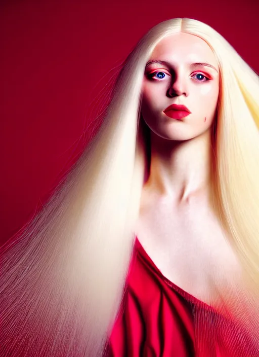 Prompt: kodak color plus 2 0 0 photo portrait of a beautiful woman with long blond hair dressed in long white, fine art photography light painting in style of paolo roversi, professional studio lighting, dark red background, hyper realistic photography, fashion magazine style