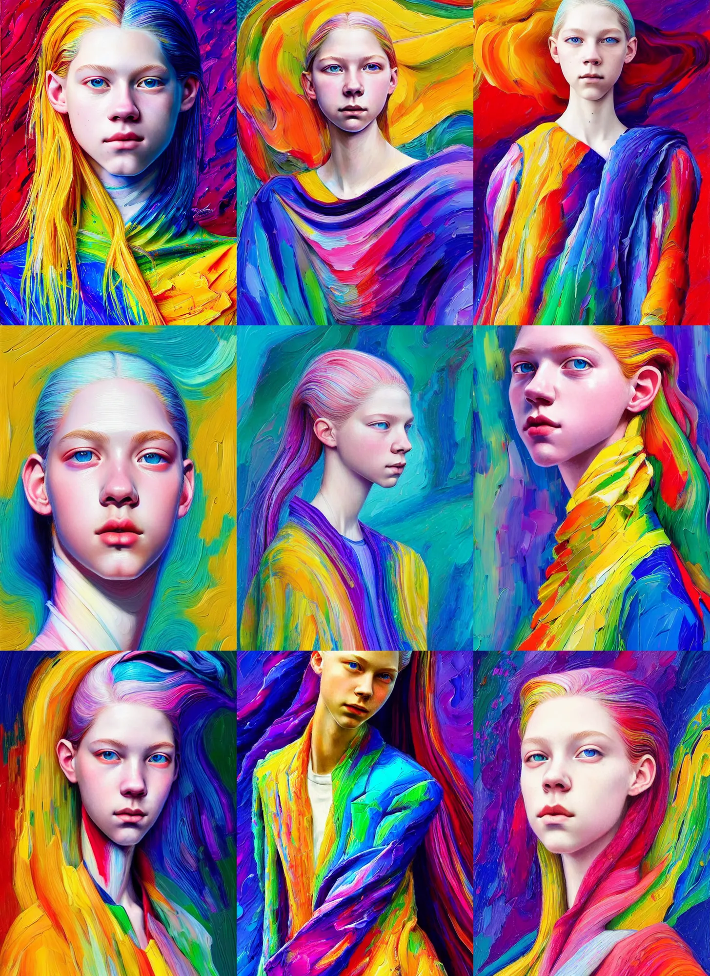 Prompt: photo of hunter schafer in the style of stefan kostic, draped in flowing fabric, colorful impasto brush strokes, realistic, sharp focus, 8 k high definition, insanely detailed, intricate, elegant, art by stanley lau and artgerm