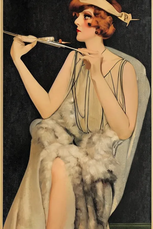 Image similar to a oil painting depicting a Jazz Age high society figure, 1920s style, smooth, highly detailed, high contrast, Coles Phillips, Dean Cornwell, JC Leyendecker, 8K