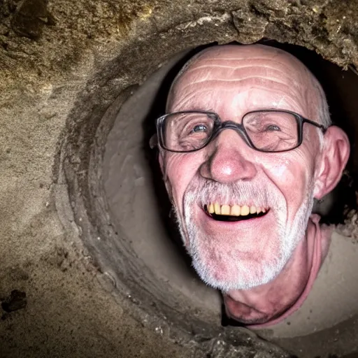 Image similar to a poorly lit smiling old man in a sewer