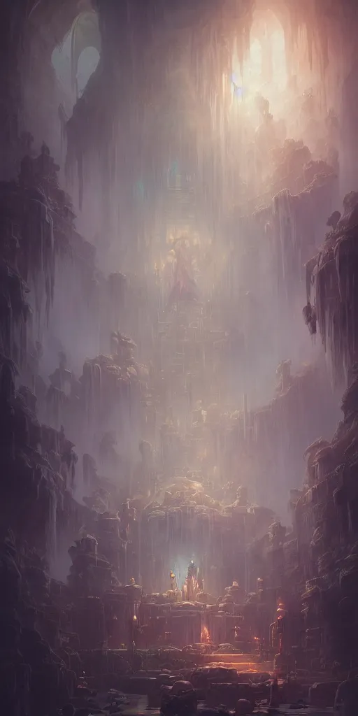 Prompt: Detailed Interior of the Drowned temple, shattering walls, creeping gloom, light shafts, the glowing throne, stunning atmosphere, in Style of Peter Mohrbacher, cinematic lighting