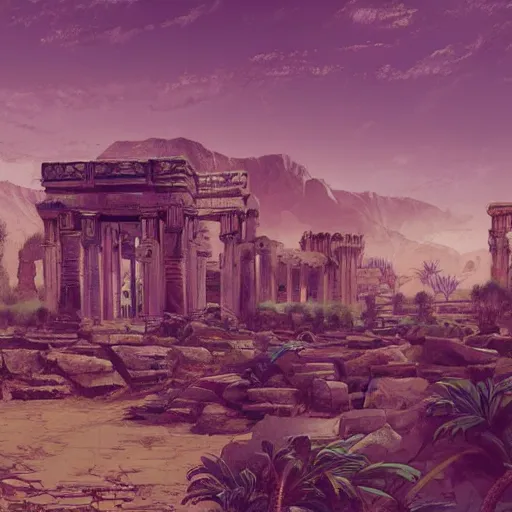 Prompt: Ancient ruins in the desert in a oasis,retrowave art,cyberpunk , trending on art station