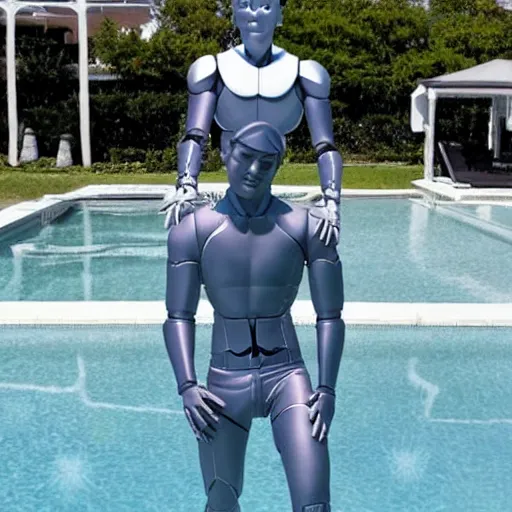 Image similar to a realistic detailed photo of a guy who is an attractive humanoid who is half robot and half humanoid, who is a male android, wrestler aj batista, shiny skin, posing like a statue, blank stare, by the pool, on display, showing off his muscles, humanoid robot, frozen ice statue