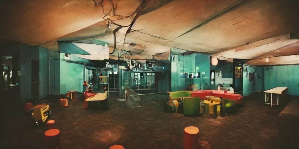 Image similar to a weird modern place, house, playground, office, pool, bar, pub, interior, room with eerie feeling, disposable colored camera, camera flash, unusual place, unsettling, kids place, night scene