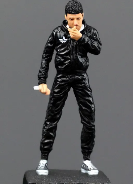 Image similar to 80mm resin detailed miniature of drunk man in black Adidas tracksuit holding knife, Product Introduction Photos, 4K, Full body