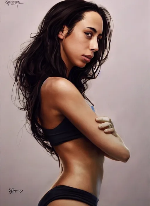 Image similar to full length photo of Oona Chaplin in a tanktop in the style of stefan kostic, realistic, sharp focus, 8k high definition, insanely detailed, intricate, elegant, art by stanley lau and artgerm