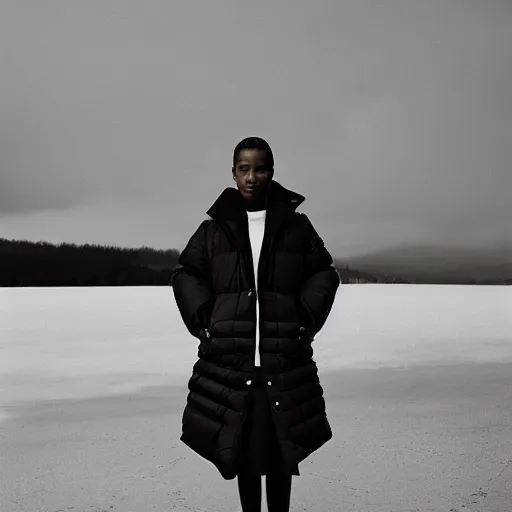 Image similar to realistic! photoshoot for a new balenciaga lookbook, color film photography, portrait of a beautiful woman wearing a puffer jacket, photo in style of tyler mitchell, 35mm